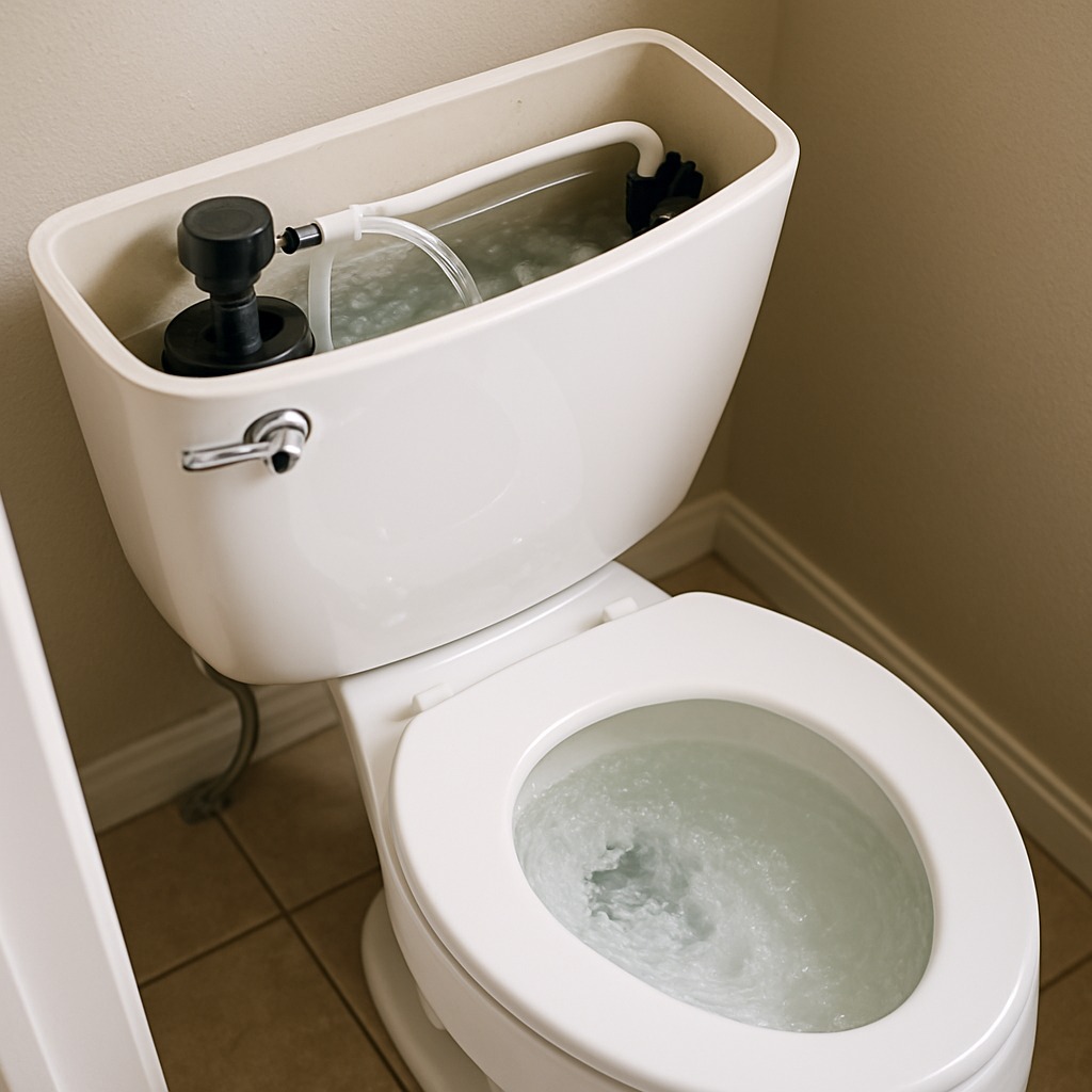Inside view of a toilet tank with a worn rubber flapper and visible water overflow into the overflow tube
