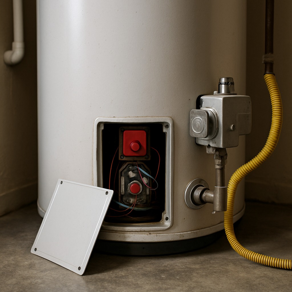 Plumber inspecting a residential water heater with no hot water coming from taps