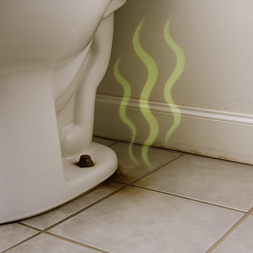 Bathroom floor drain with visible discoloration and sewer odor source near toilet base