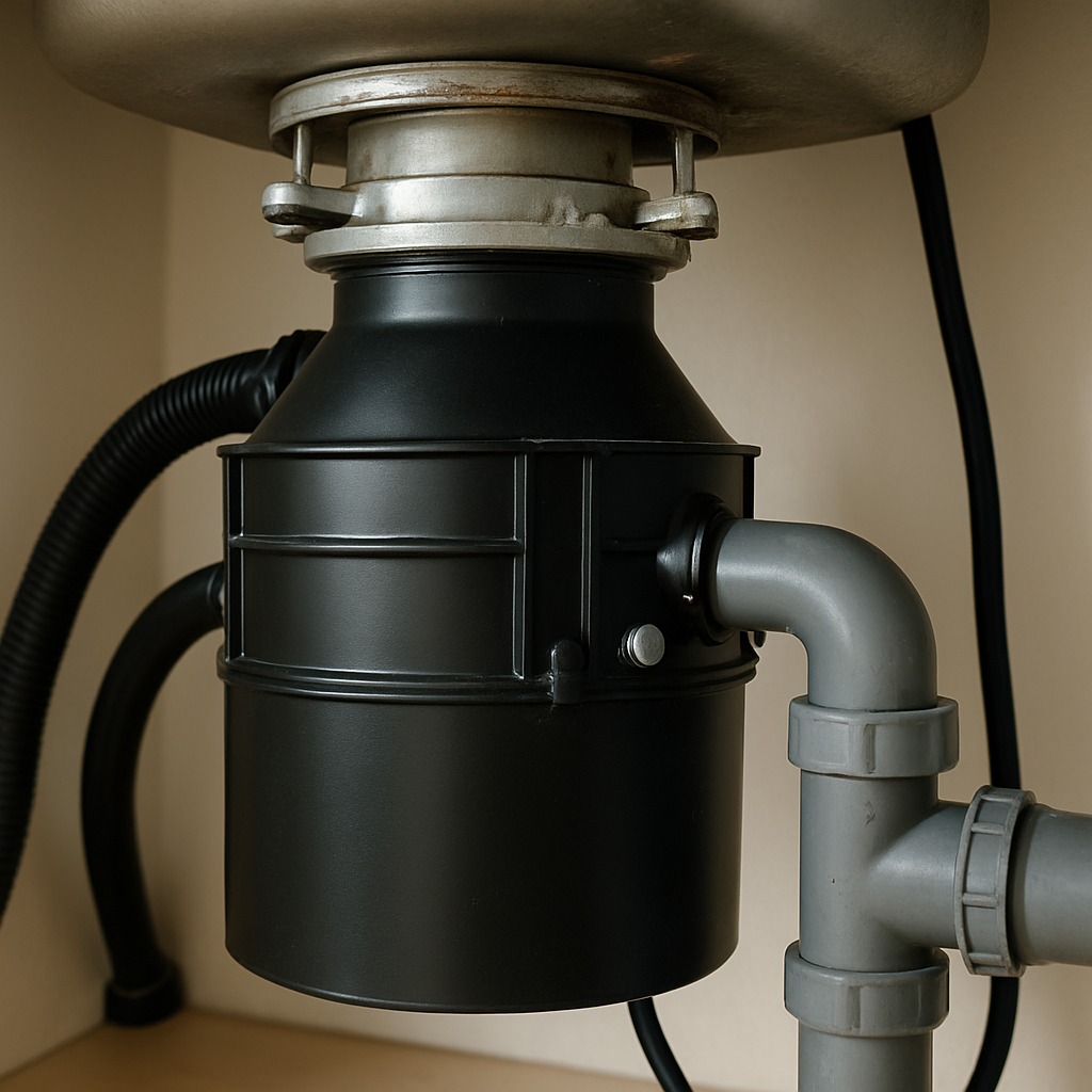 Under-sink garbage disposal unit humming with reset button visible on bottom