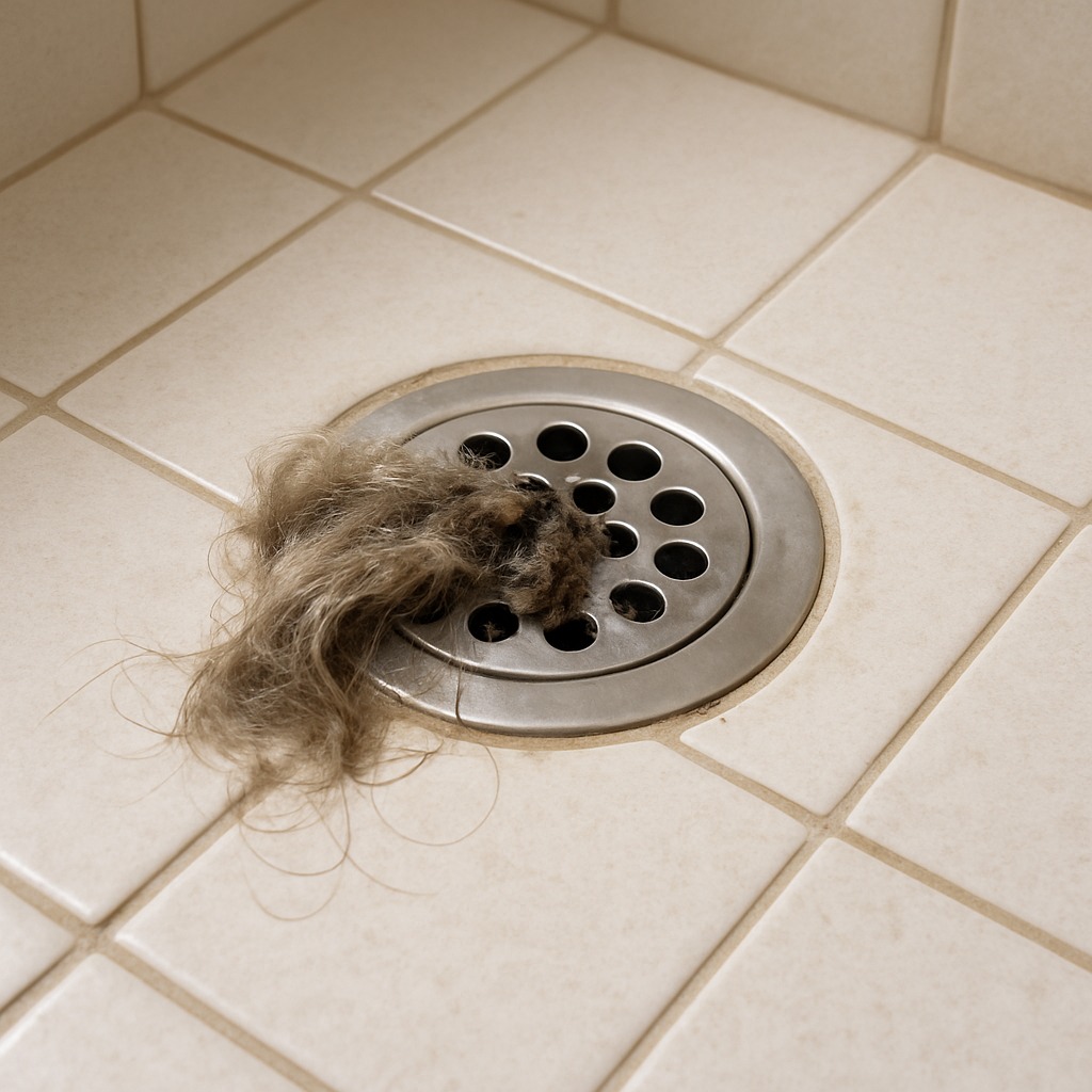 Close-up of a clogged shower drain with hair and soap scum buildup blocking water flow