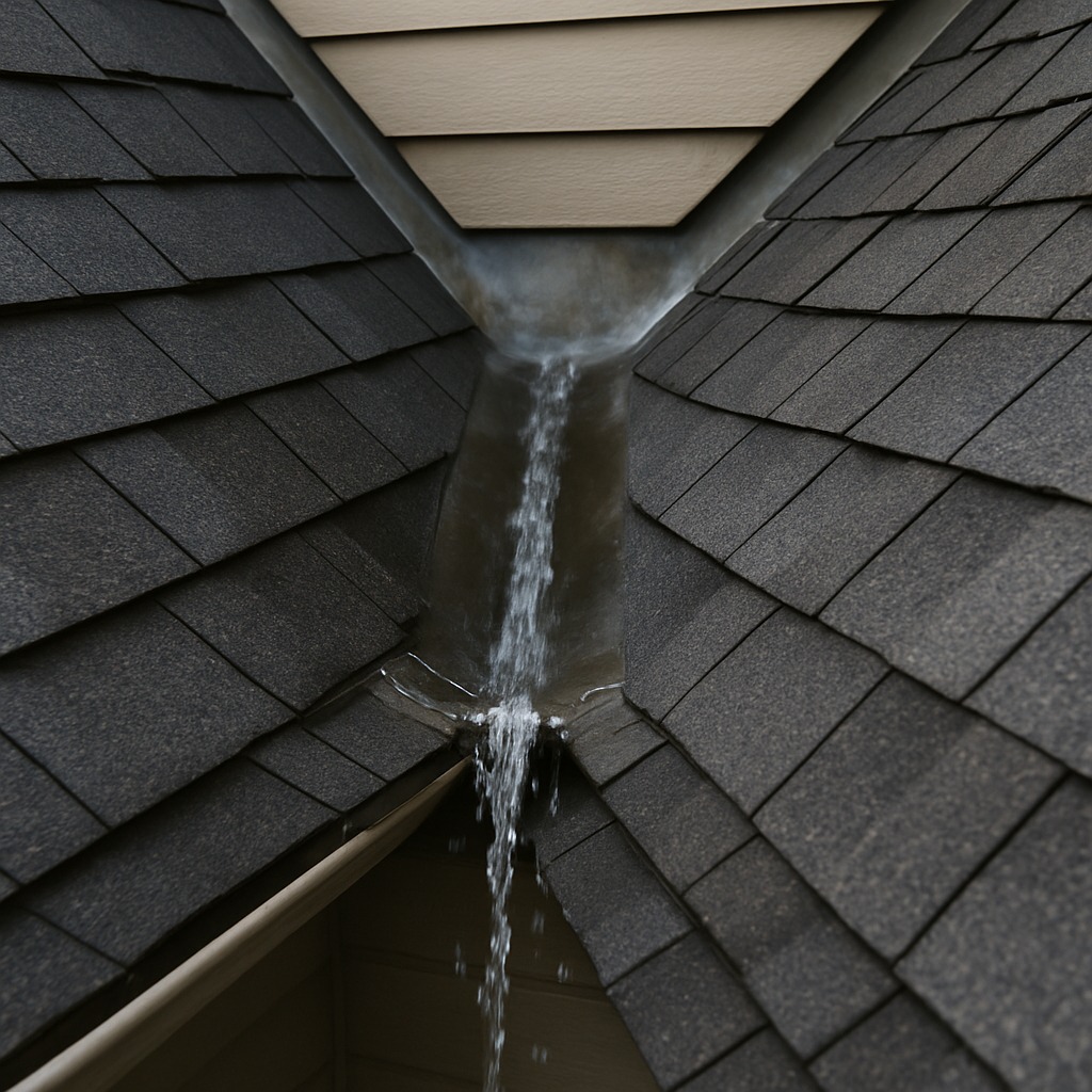 Close-up of a deteriorating roof valley showing separated metal flashing and water staining on worn shingles.