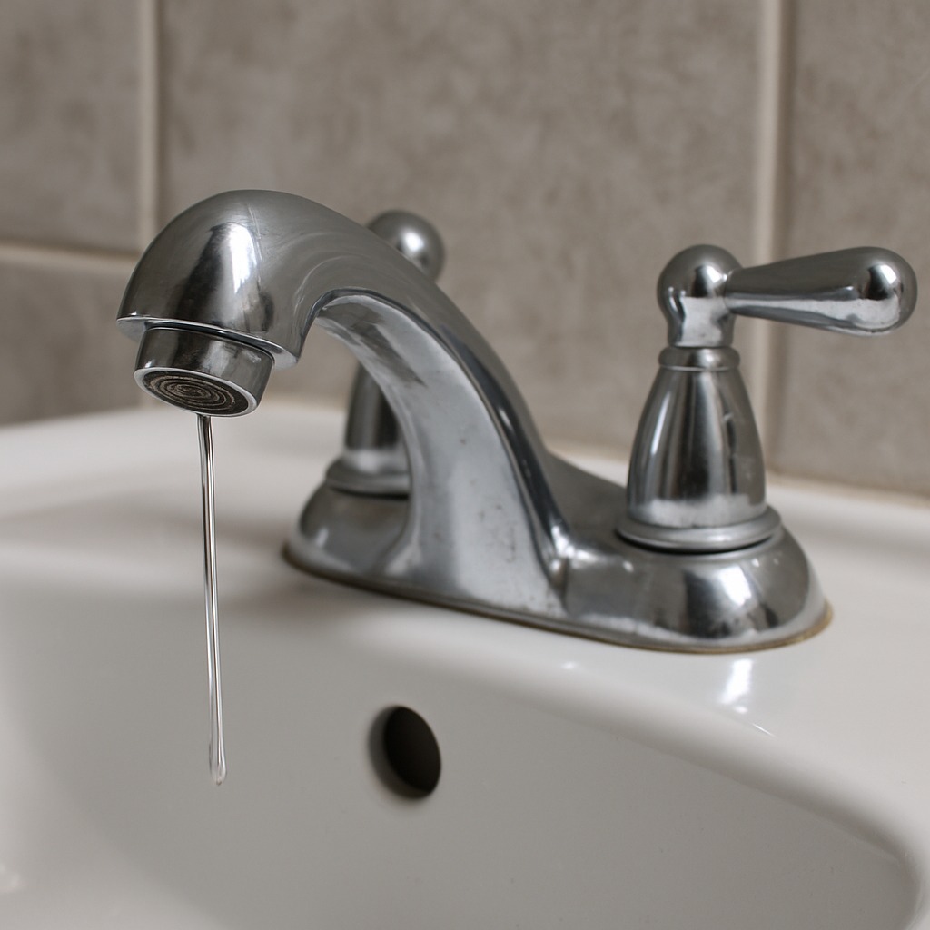 Close-up of a bathroom faucet with no water flow, handle turned on and dry spout visible