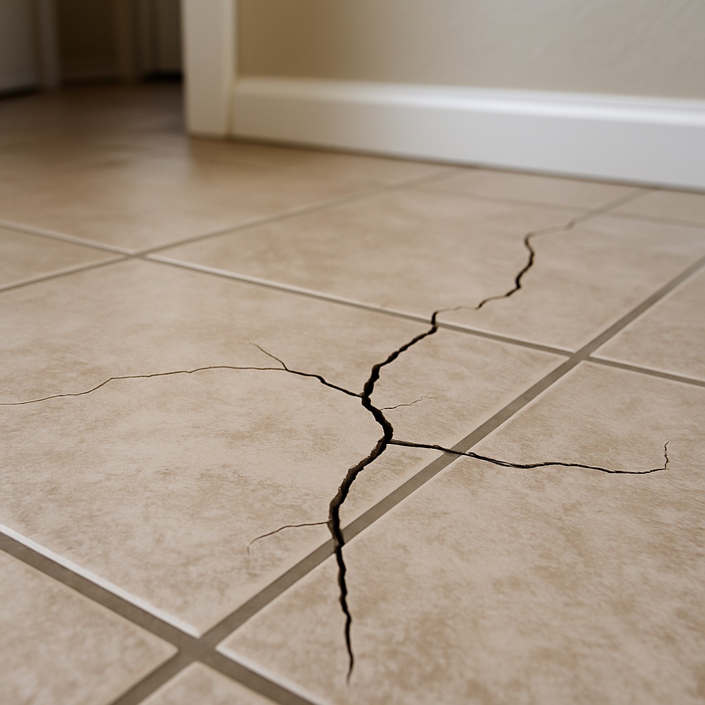 Close-up of a cracked ceramic floor tile with visible fracture lines and damaged surrounding grout joints.
