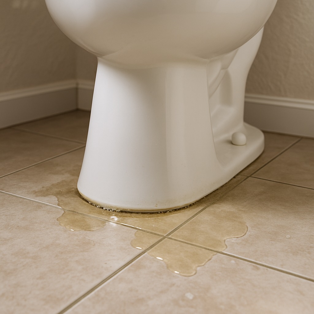 Water pooling around the base of a white toilet on a tile bathroom floor indicating a wax ring leak
