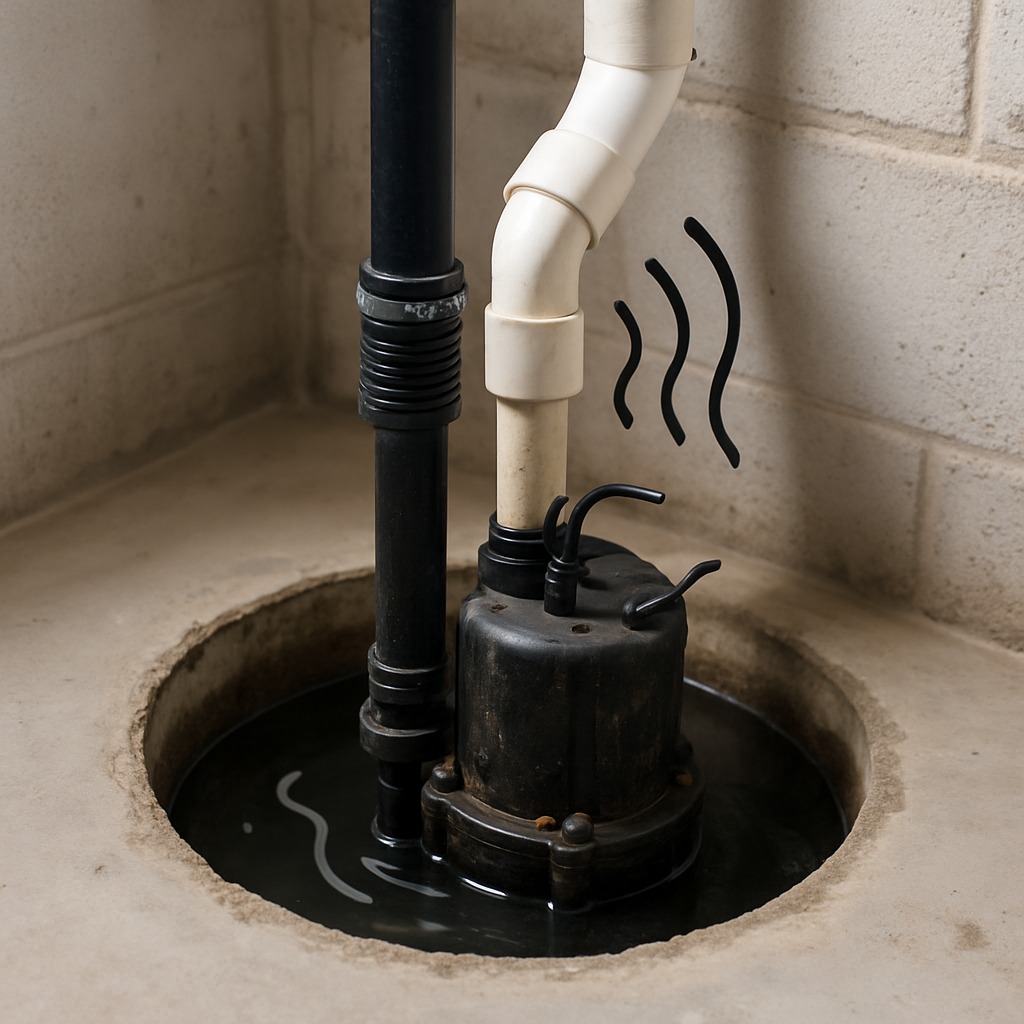 Sump pump in basement pit making grinding noise with visible discharge pipe and float switch