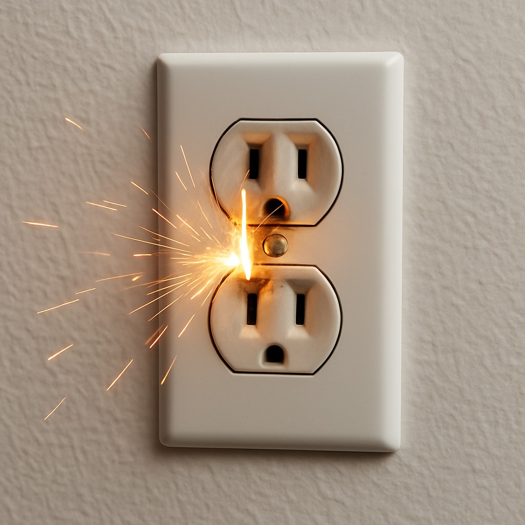 Close-up of a wall outlet with visible scorch marks and discoloration around plug slots
