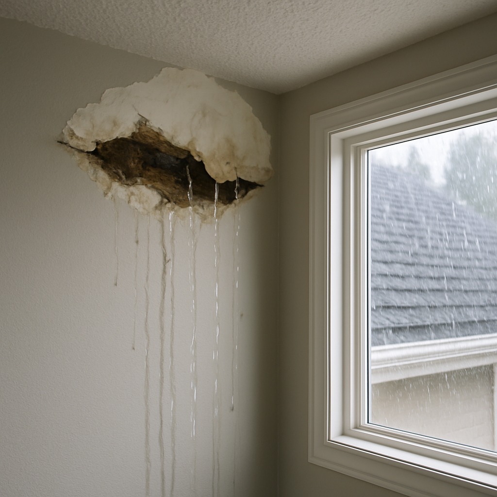 Water dripping through a damaged ceiling during heavy rain with visible brown stain spreading across white drywall
