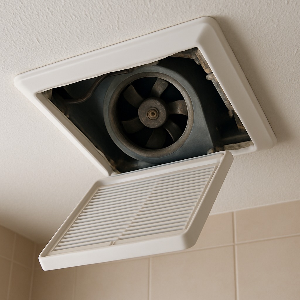 Close-up of a dusty bathroom exhaust fan cover mounted on a white ceiling showing discoloration
