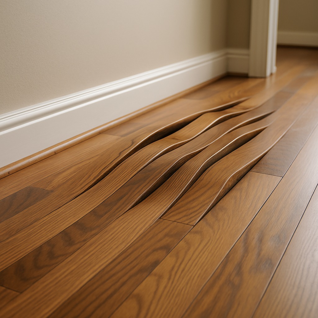 Severely buckled hardwood floor boards lifting and warping upward near a baseboard wall