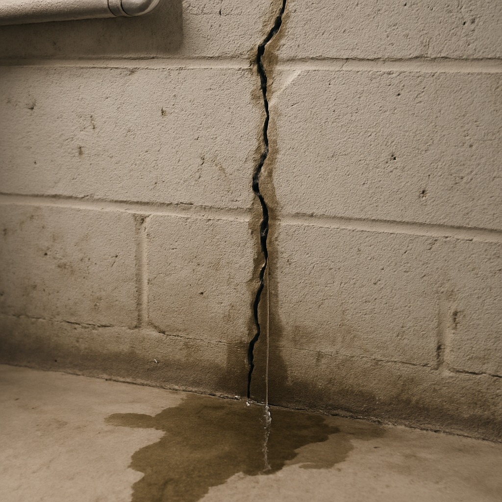 Close-up of a concrete basement wall with a vertical crack actively leaking water and white efflorescence mineral deposits surrounding the damage.