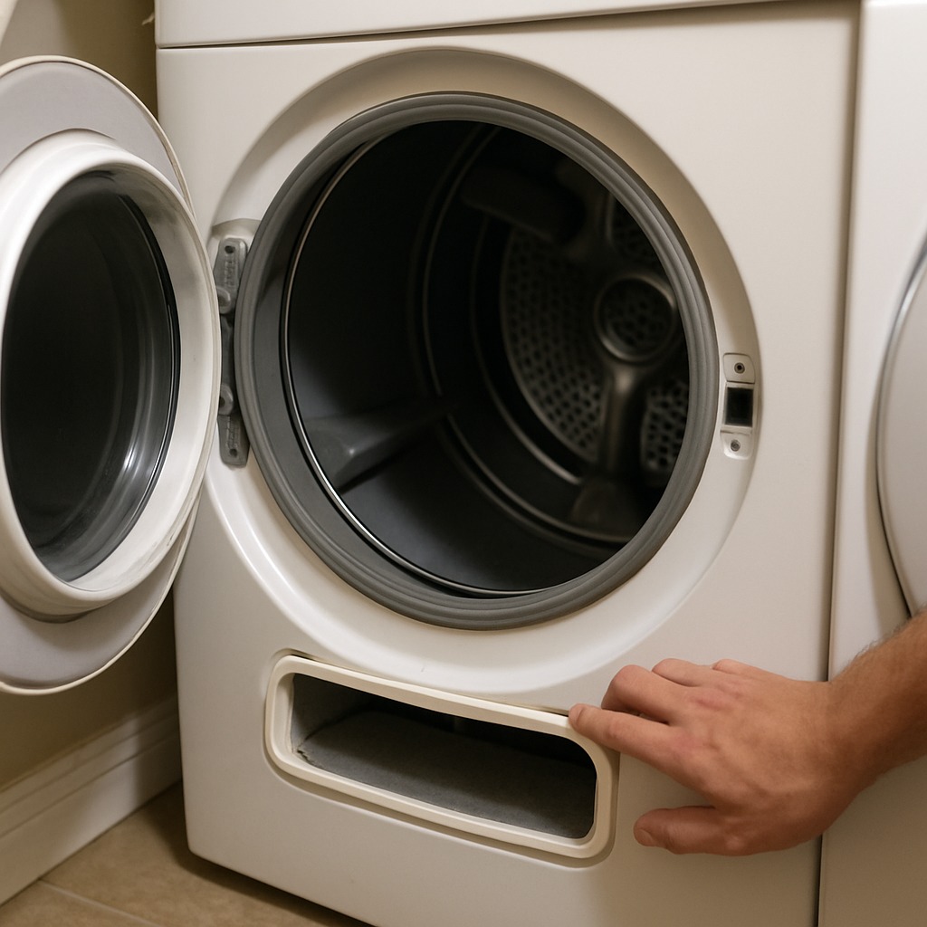 Open residential dryer with no heat, wet laundry inside and technician inspecting heating element