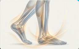 X-ray style illustration showing bones of feet and lower legs in walking motion.