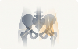 Anatomical illustration of the human pelvis bones with highlighted pelvic joints.