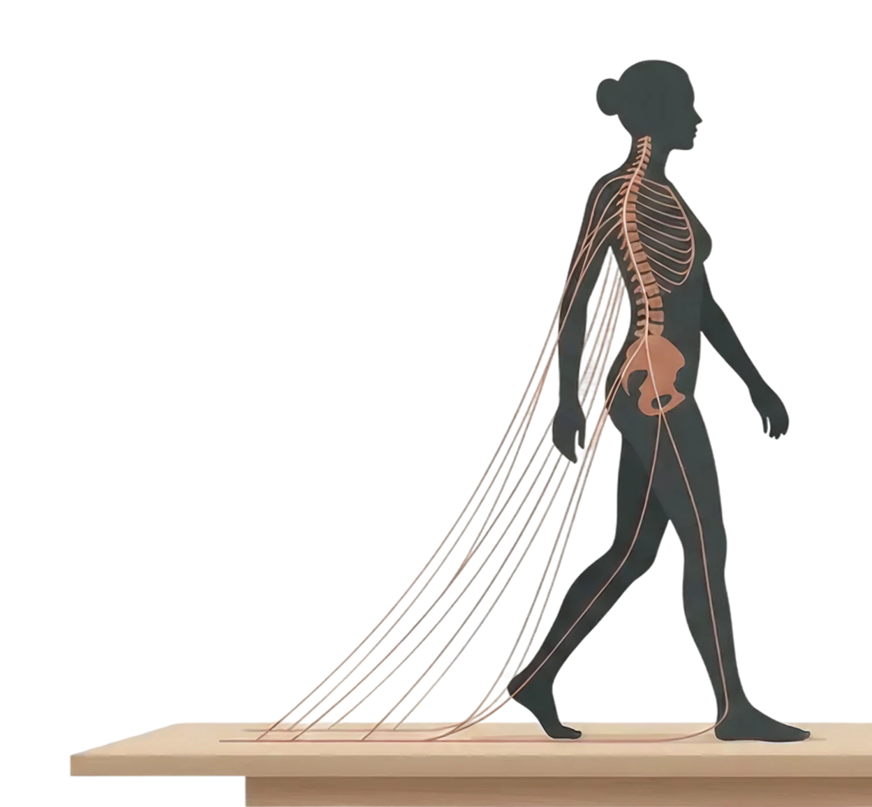 Illustration of a woman walking on stage showing the spinal cord, nerves, ribs, and pelvis on a silhouette of her body.