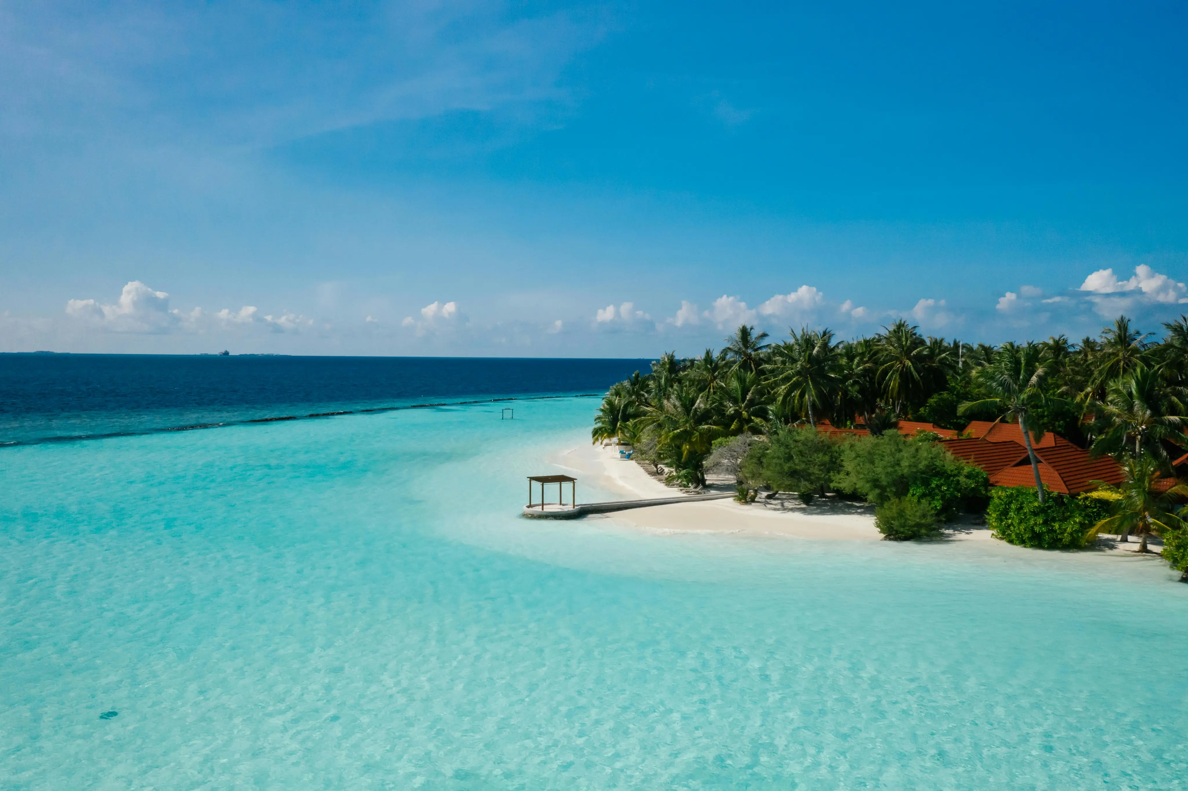 Tropical island with palm trees, red-roofed buildings, a small pier, and clear turquoise ocean water under a blue sky.