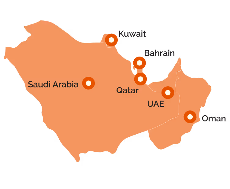Map highlighting the GCC countries: Saudi Arabia, Kuwait, Bahrain, Qatar, UAE, and Oman with markers indicating each country.