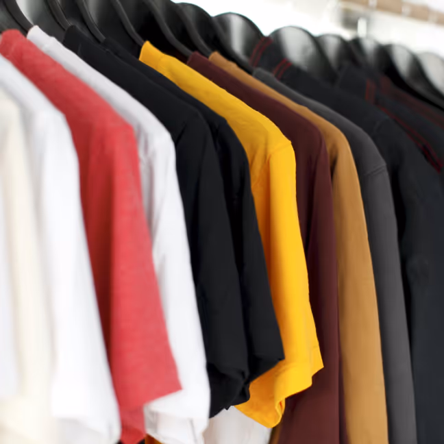 Row of colorful t-shirts hanging on black hangers in a clothing store.