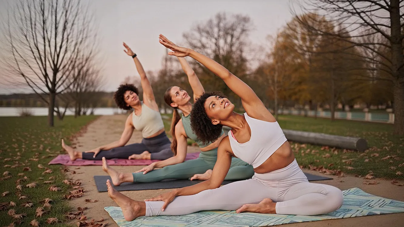 Outdoor yoga session with group on mats