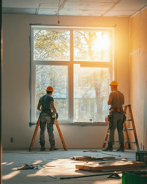 Two construction workers in hard hats standing on ladders working near a large window in a room under renovation with sunlight streaming in.
