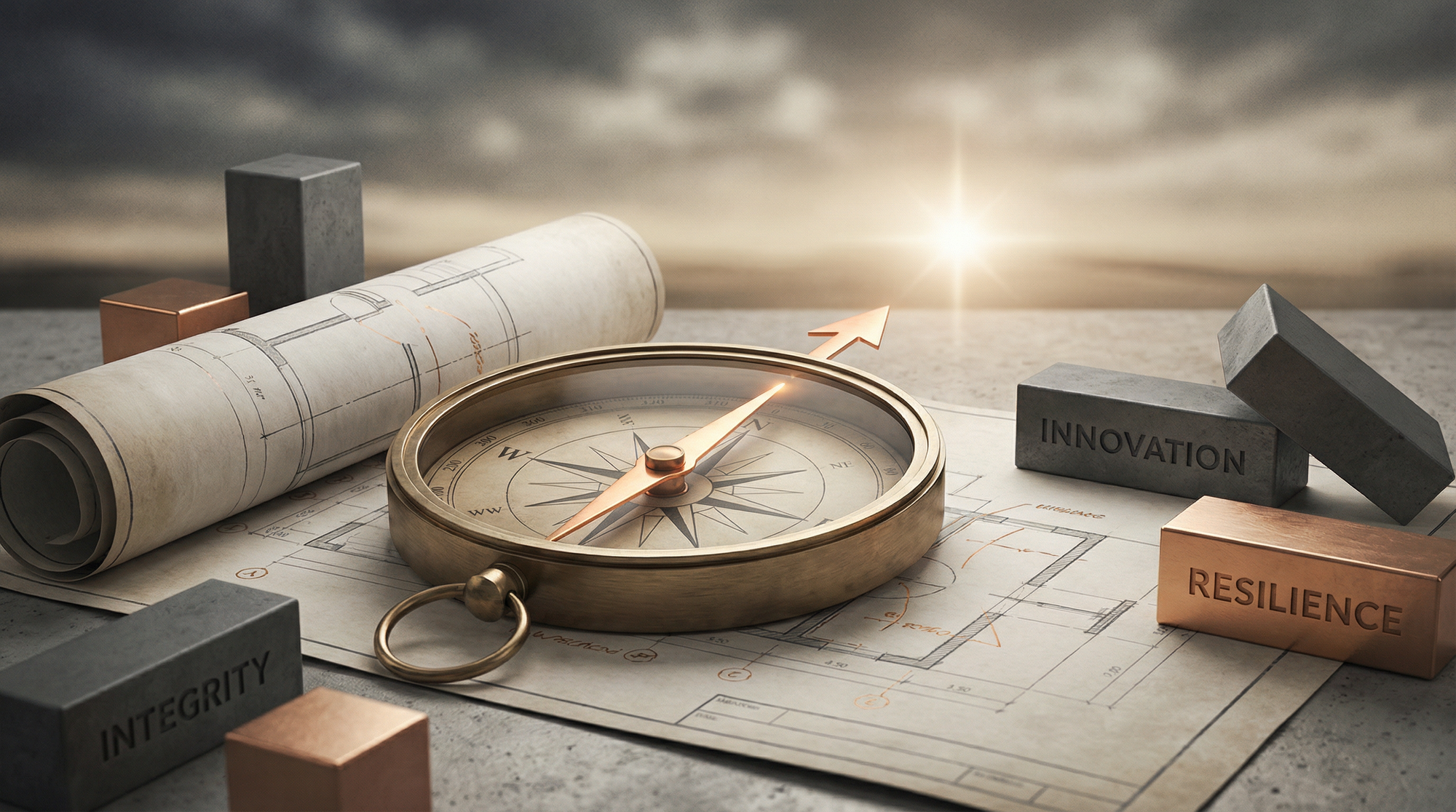 Professional business illustration featuring a compass on architectural blueprints surrounded by building blocks, representing vision, mission, and values as foundational elements of organizational culture.