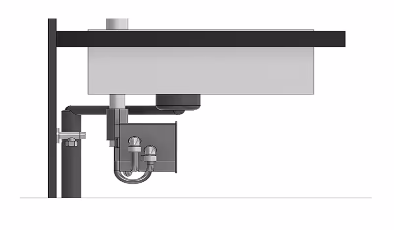 Side view of a mechanical assembly with pipes and connected cylinders mounted on a black frame.
