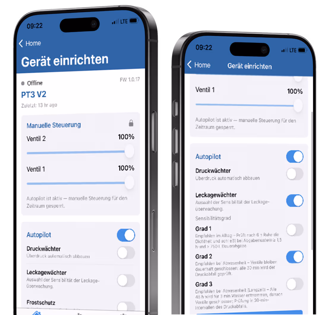 Two smartphone screens display a German device setup app for PT3 V2 with manual valve controls, autopilot toggles, and sensor settings.