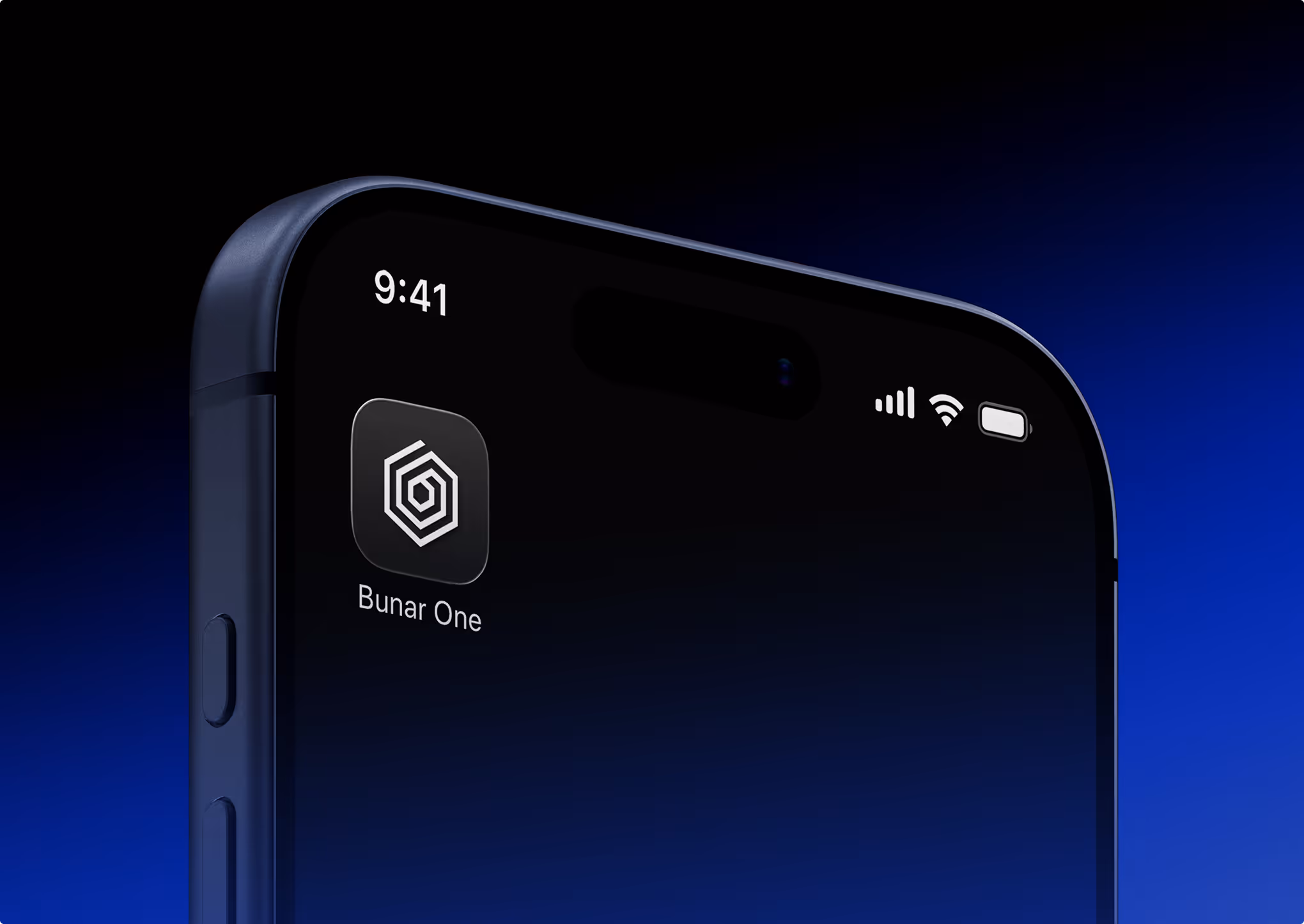 Close-up of a smartphone screen showing the Bunar One app icon in the top left corner with time 9:41, signal, Wi-Fi, and battery indicators.