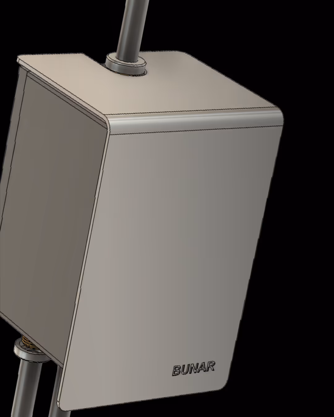 Rectangular metallic enclosure with the brand name BUNAR embossed on front, attached to vertical poles.