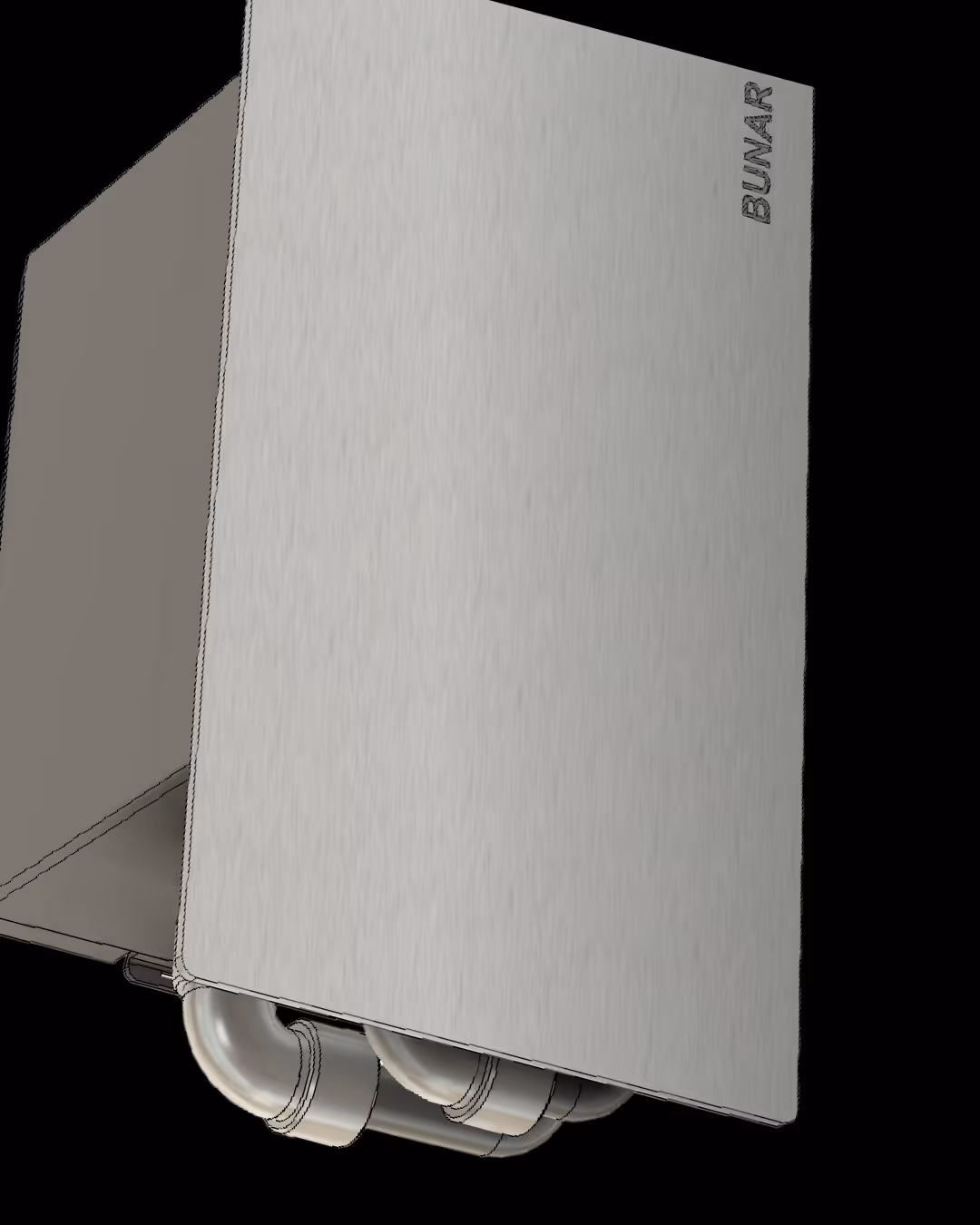 Metallic industrial box with two curved pipes attached on the left side and 'BUNAR' etched on the front panel.