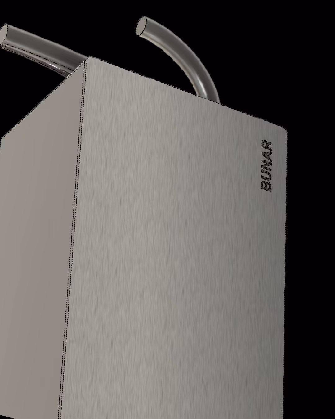 Brushed metal rectangular device with two curved cables attached, labeled 'BUNAR'.