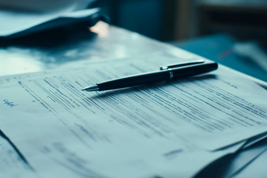 Black pen resting on a signed document placed on a desk.