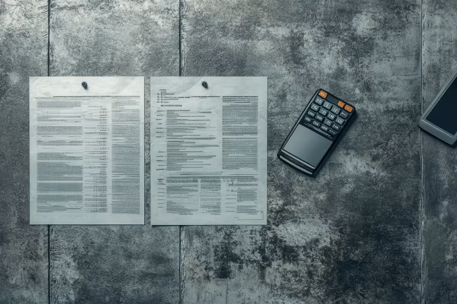 Two pinned documents on a textured gray surface next to a scientific calculator and a smartphone corner.