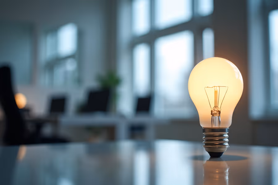 Glowing light bulb on a reflective office desk with a blurred background of chairs and windows.