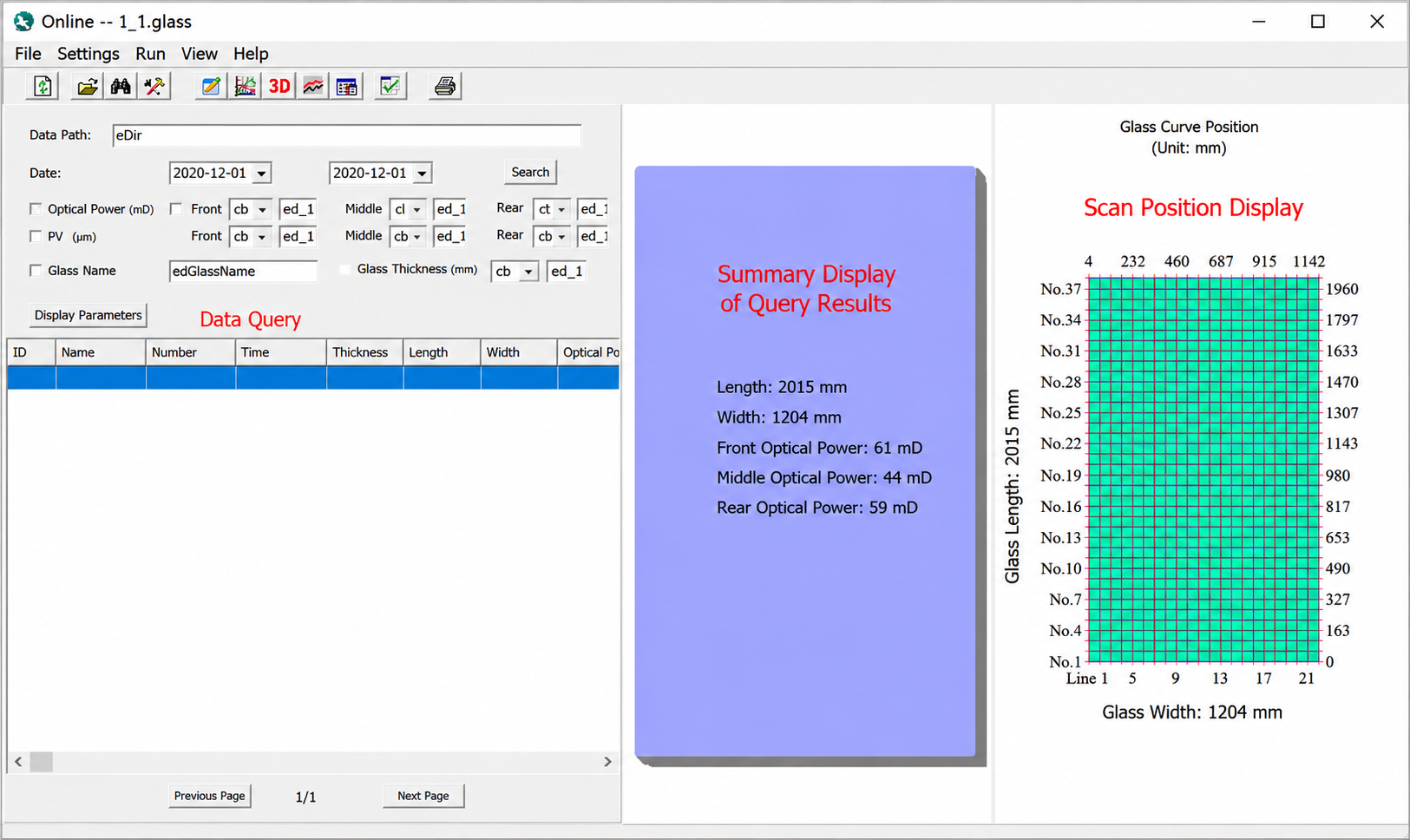 Liaowang 1.0 software display showing optical power and flatness curves