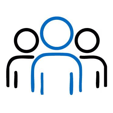 Icône de trois personnes stylisées avec la personne centrale en bleu et les deux autres en noir.