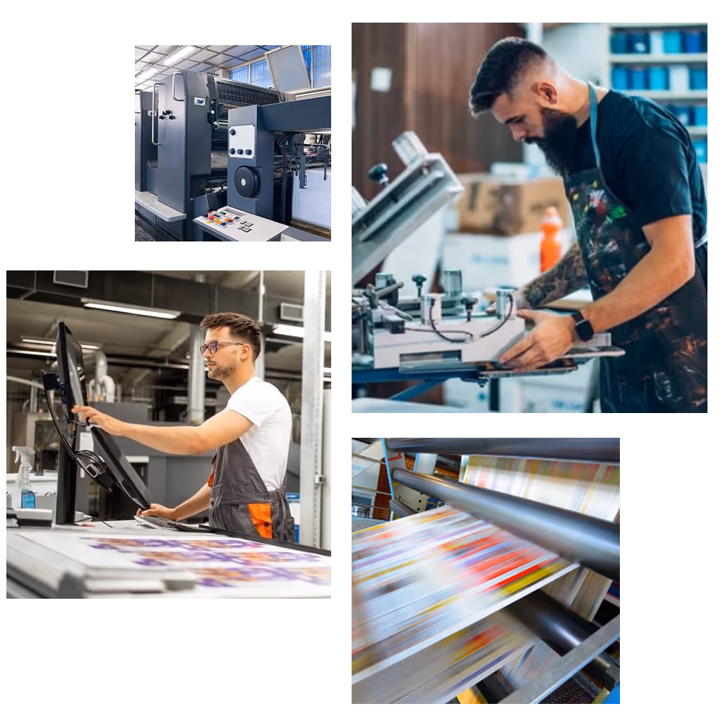 Quatre images d'un atelier d'impression montrant une grande presse à imprimer, un homme utilisant une machine d'impression, un autre homme travaillant avec une presse sérigraphique, et une presse à imprimer en action avec du papier multicolore en mouvement.