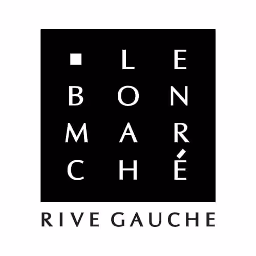 Logo noir carré avec les lettres blanches formant Le Bon Marché et texte Rive Gauche en dessous.