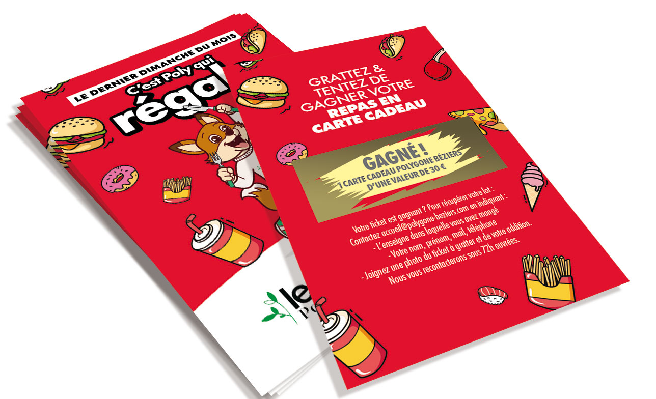 Deux tickets de jeu à gratter colorés avec les mots Jouez Grattez Gagnez et un message de gain surprenant, décorés par des illustrations de personnes dansantes.