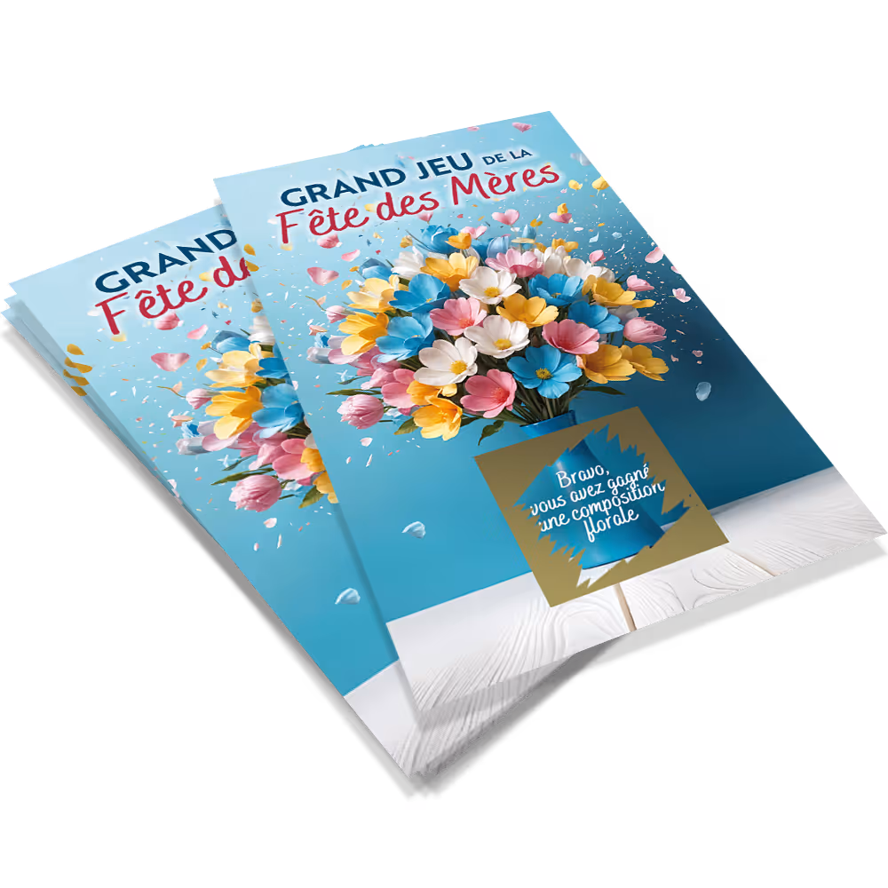 Deux brochures superposées avec un bouquet coloré et le texte "Grand jeu de la Fête des Mères" sur fond bleu.
