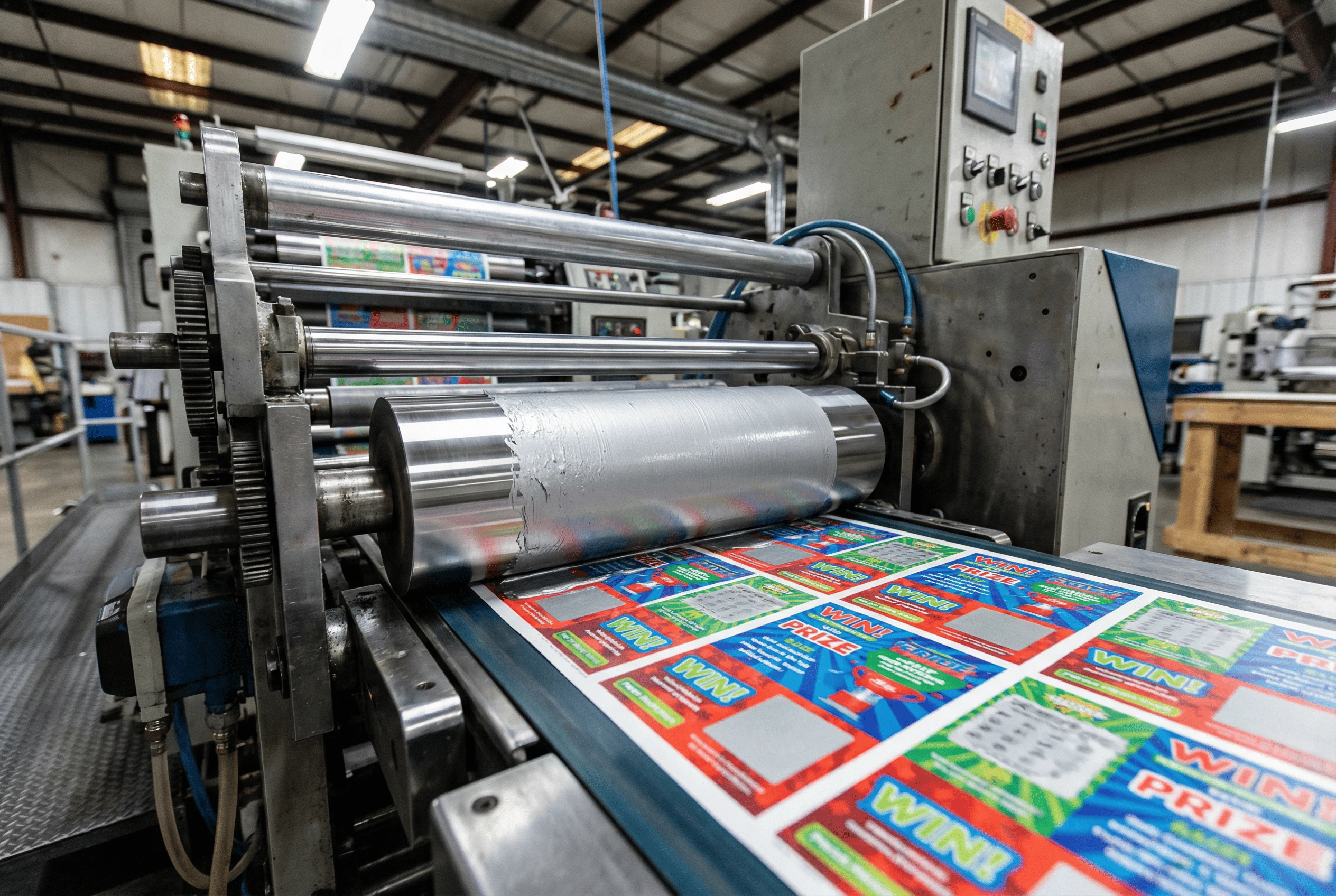 Machine d'impression appliquant la couche grattable sur des cartes à gratter en production
