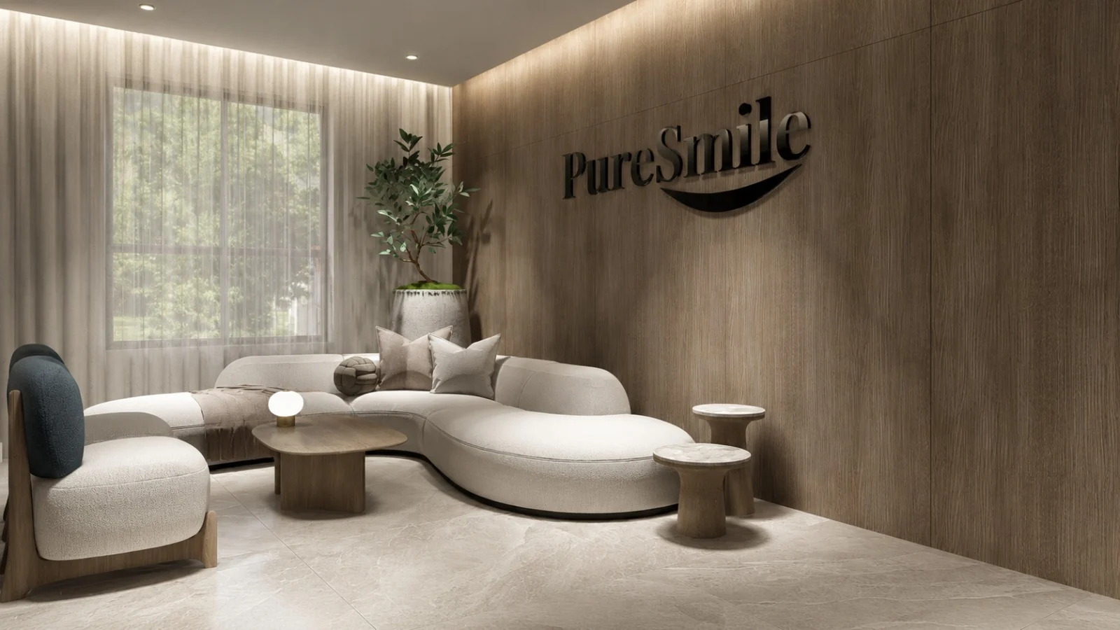 Render de la sala de espera de PureSmile Miami en Kendall, con sofá curvo y logo en la pared de madera