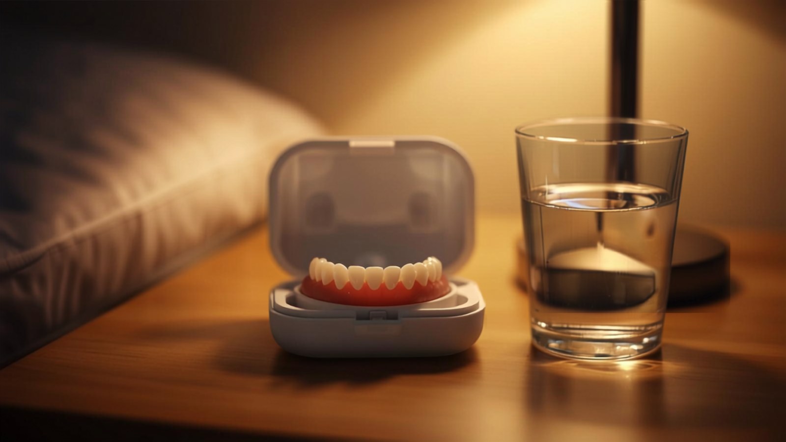 Dentadura postiza guardada en su estuche junto a un vaso de agua en la mesa de noche