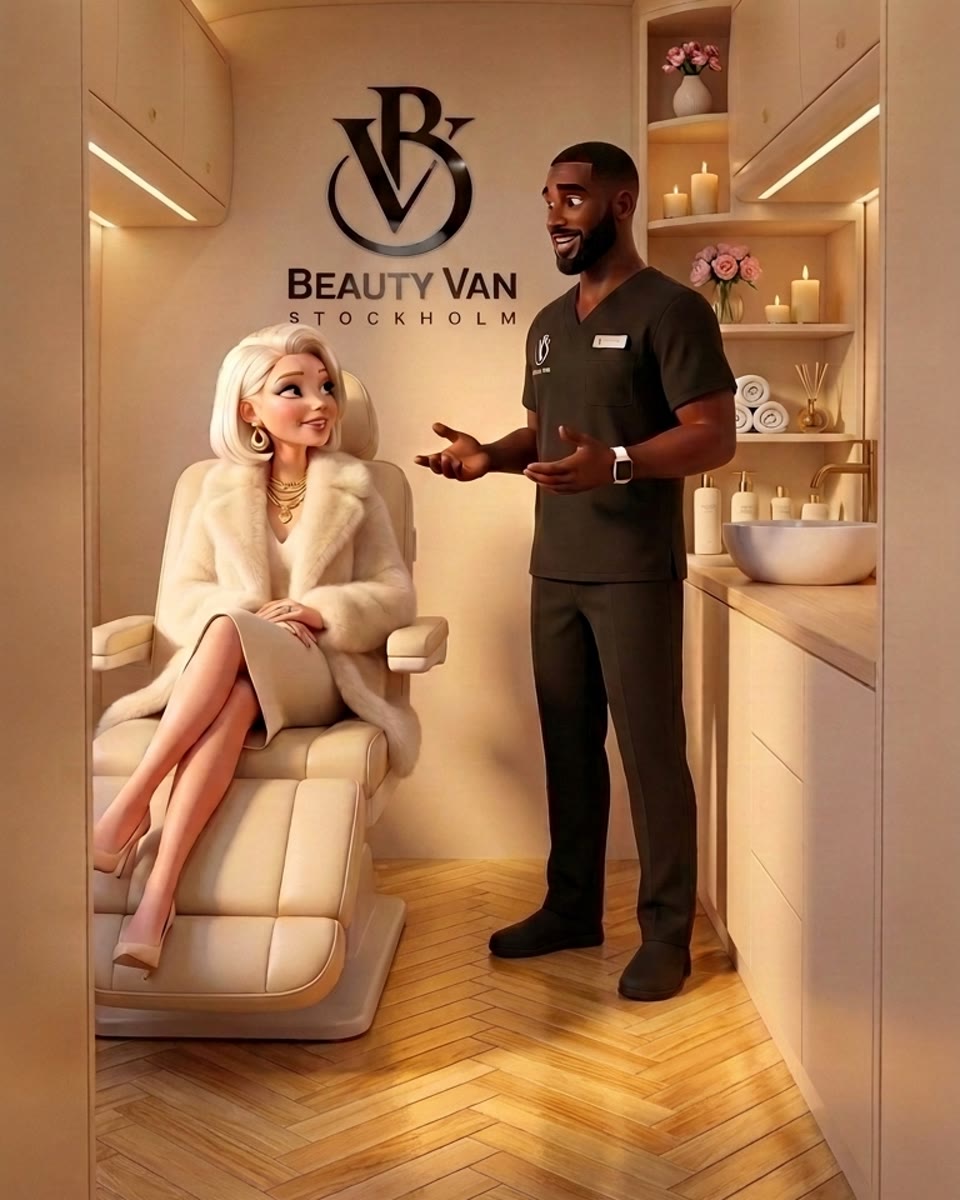 Captain Glow och en kund i kliniken i Beauty Van, ur Code Glow avsnitt 2