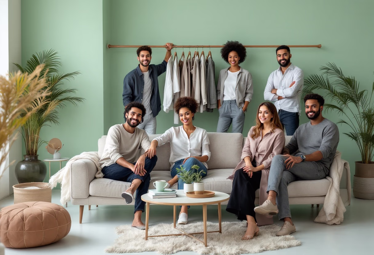 image of a team meeting in the office (for a garment care service)