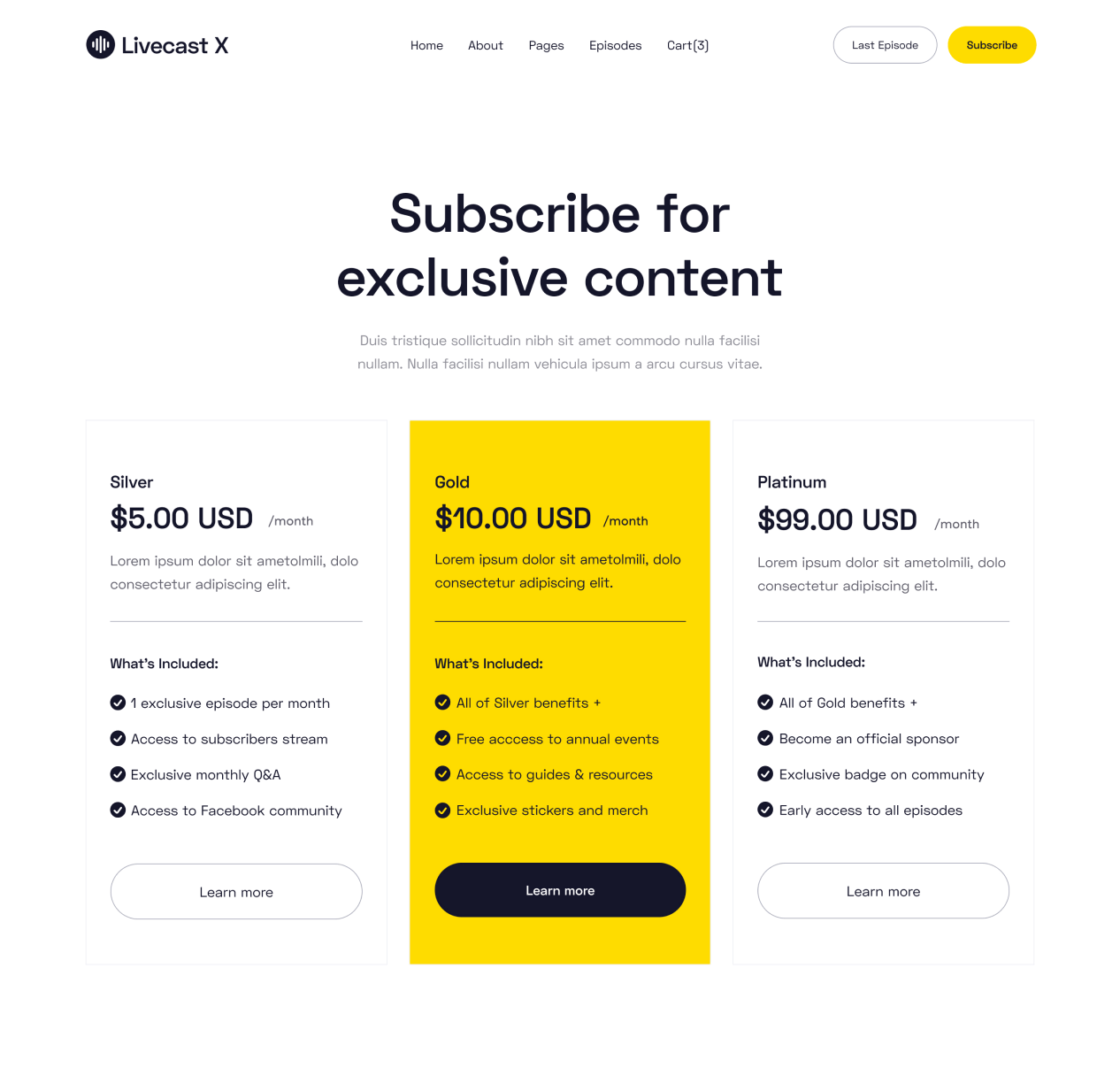 Livecast - Packages page - Podcas Webflow Template