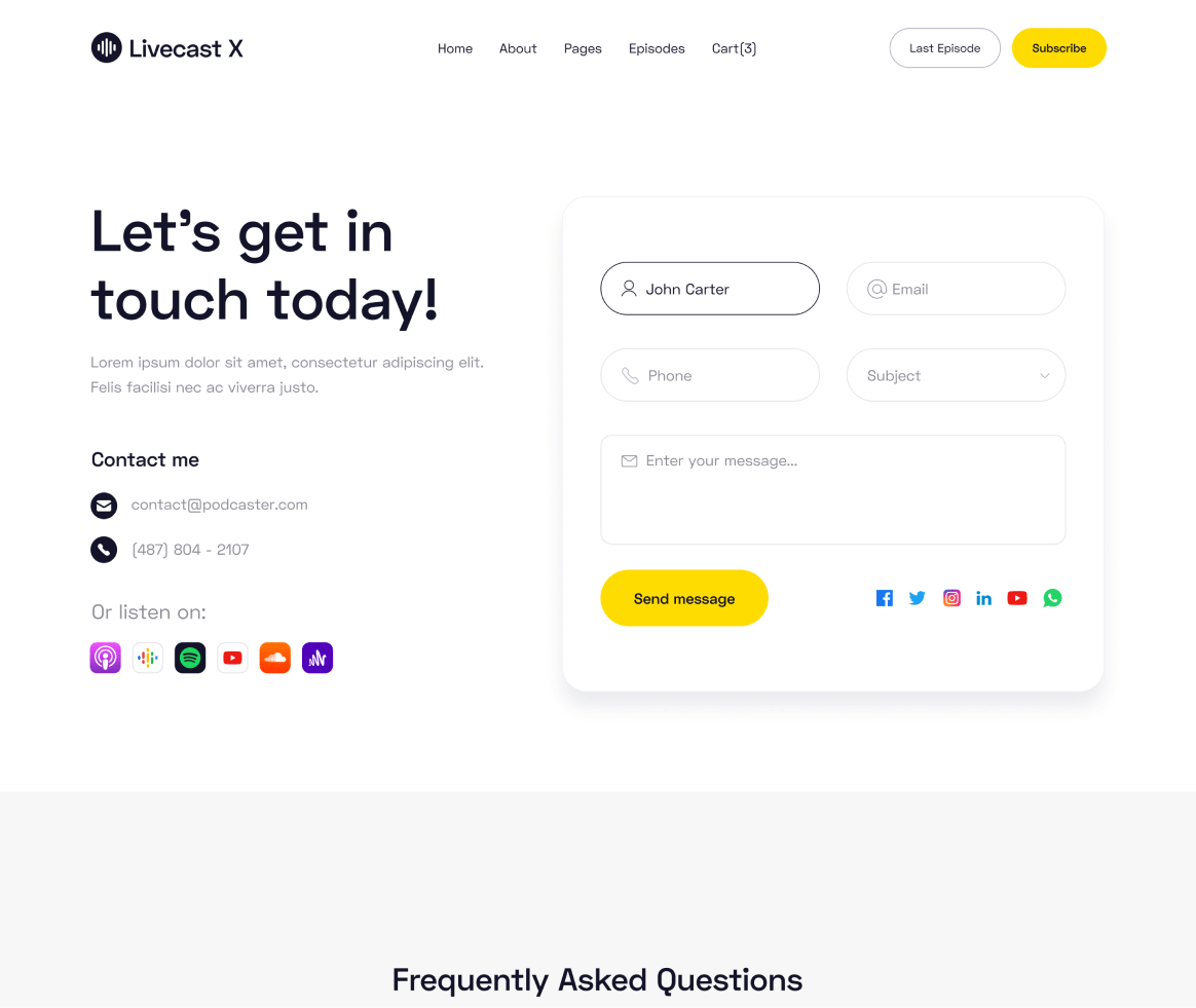Livecast - Contact page - Podcas Webflow Template