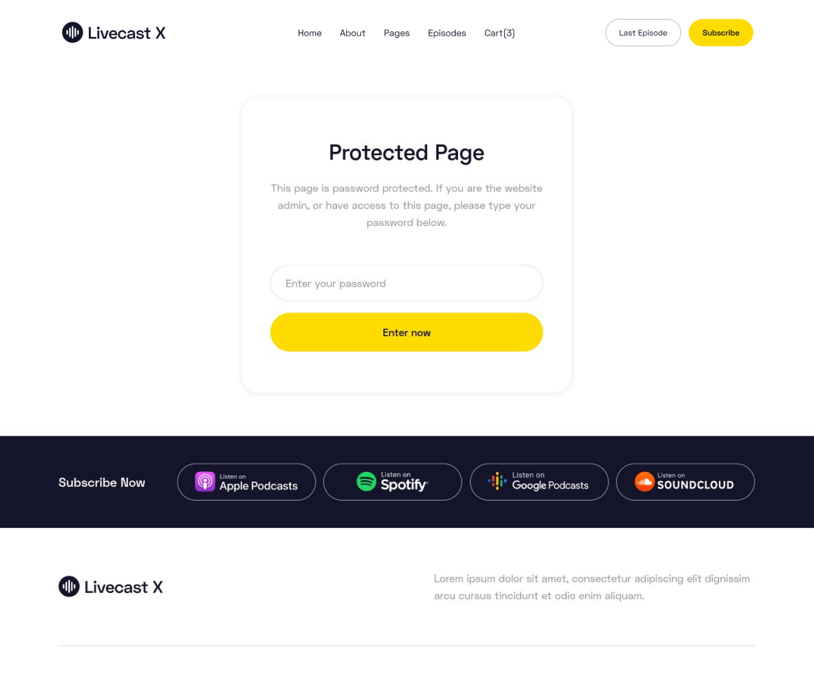 Livecast - Password Protected page - Podcas Webflow Template