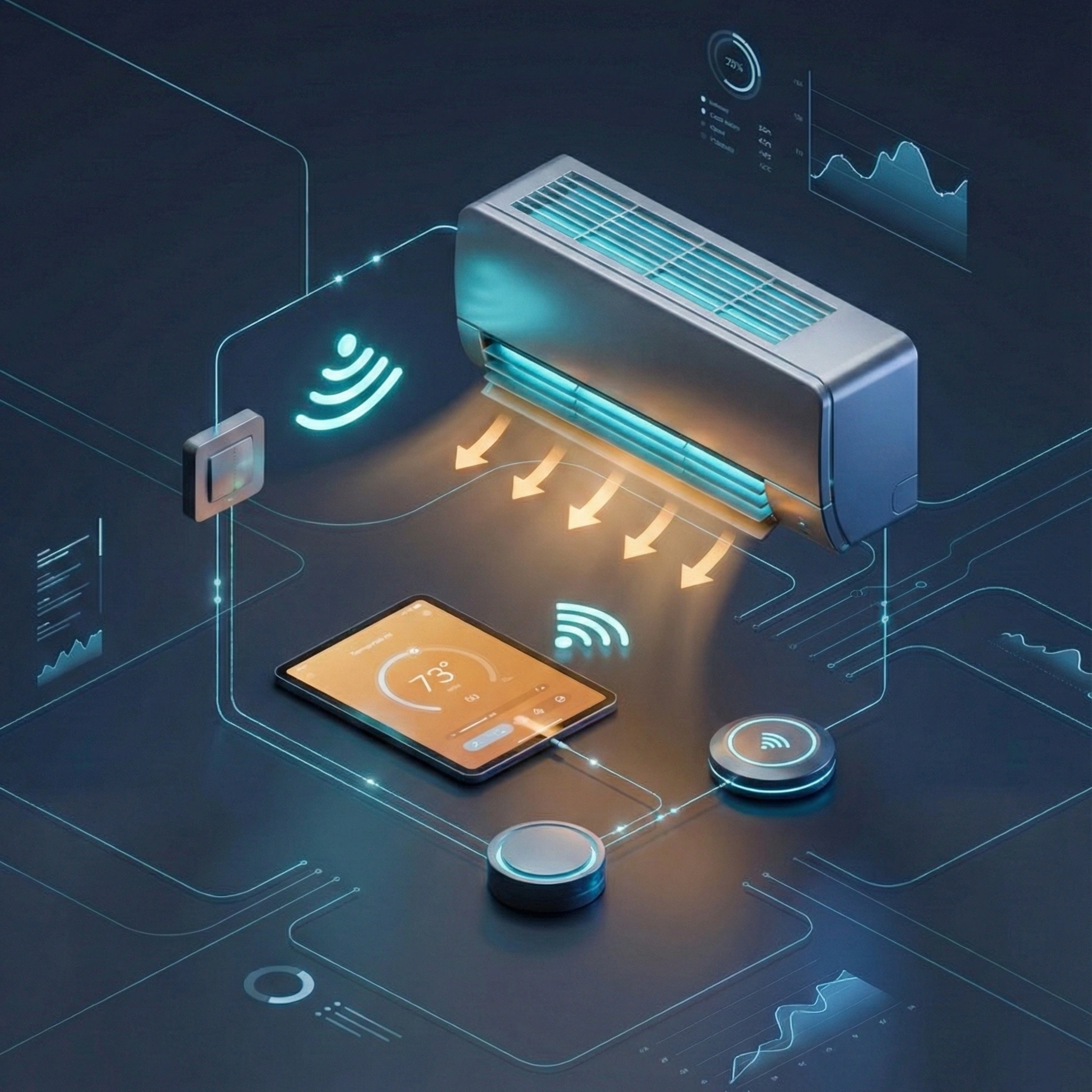 Smart air conditioner connected wirelessly to a tablet displaying temperature settings of 73°F, with control devices and data charts around.