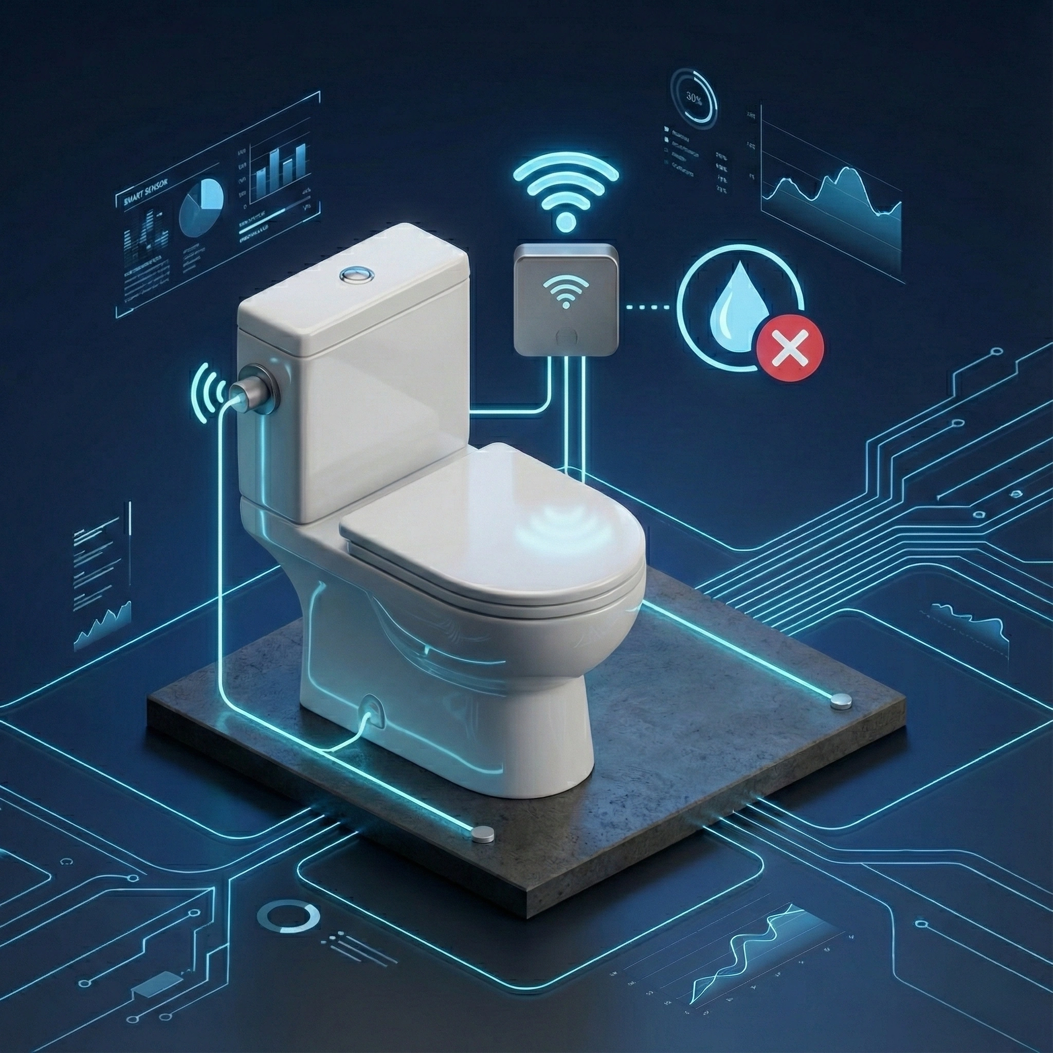 Smart toilet connected to a network with digital data overlays showing water usage and sensor signals.